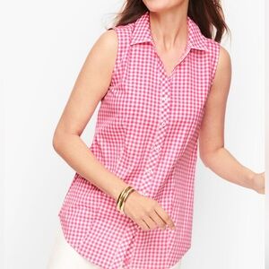 Talbots Sleeveless Pink Gingham no Iron shirt 16p petite